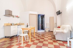 Une pièce compacte comprenant un coin cuisine, un espace repas, une douche et un coin salon.