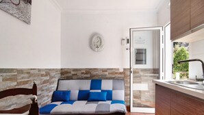 A room with a sofa, a wooden chair, a kitchen area with a sink, and a door leading to an outdoor area.