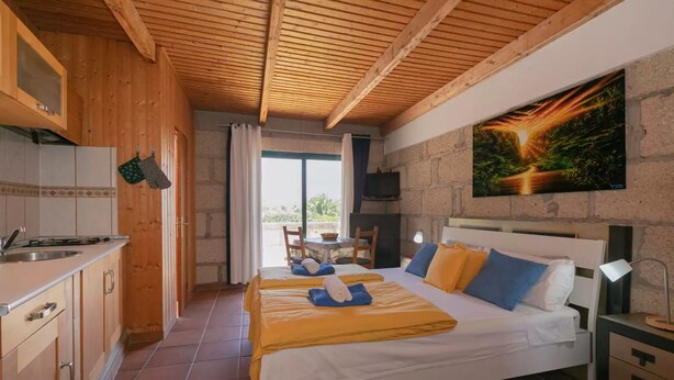 Quarto com cama, mesa de cabeceira, luminária, pintura, área de cozinha com armários e pia, e vista por uma porta de vidro.