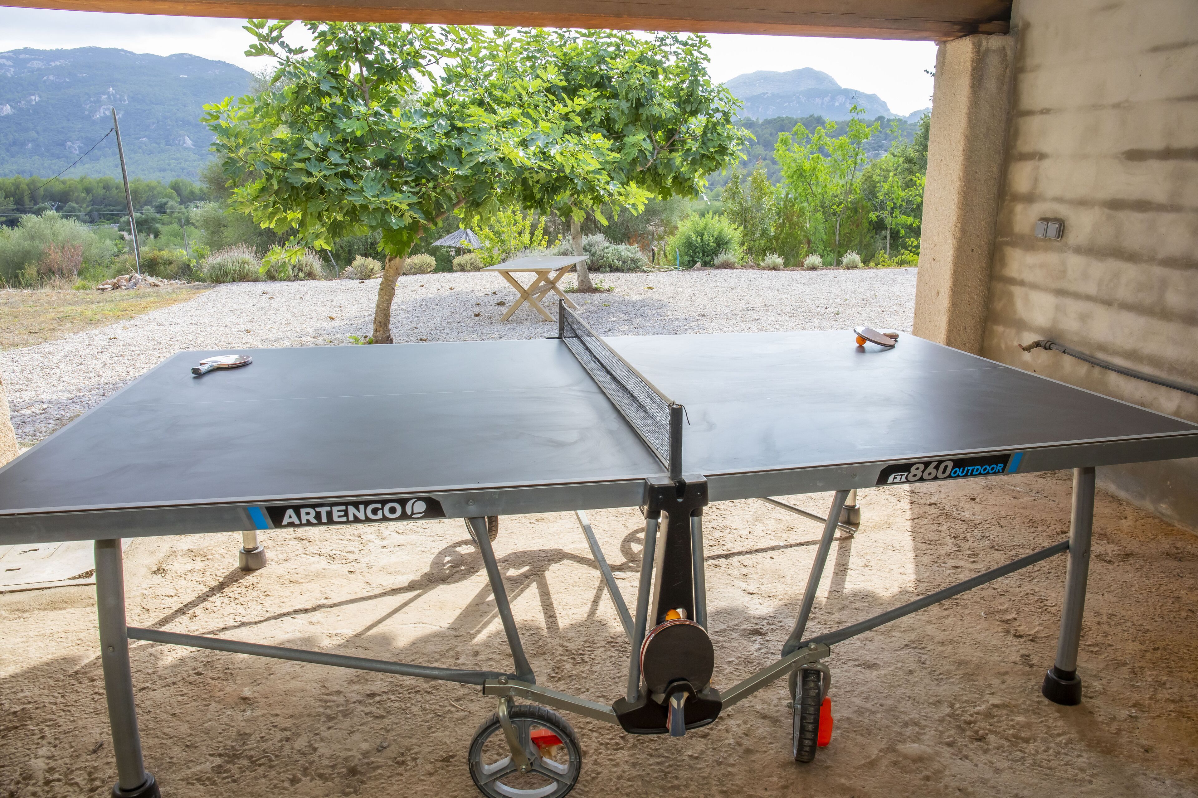 Ein Tischtennis-Tisch mit der Aufschrift "ARTENGO 860 OUTDOOR", mit Blick auf Berge und Bäume im Hintergrund.