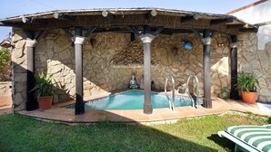 Una piscina de piedra con techo de paja, rodeada de macetas con plantas y una zona de césped.