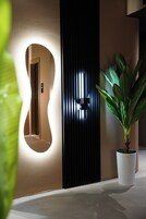 A modern interior with a unique wall-mounted light fixture, a potted plant, and a door with a vertical panel design.