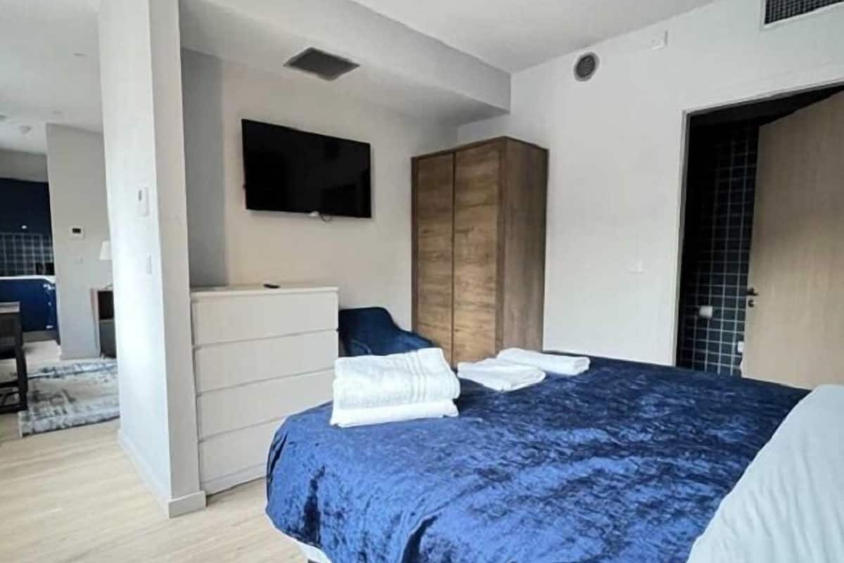 A bedroom with a bed, a wardrobe, a television, and a door.