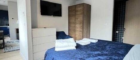 Un dormitorio con cama, armario, televisor y puerta.