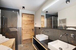 Shower, hair dryer, towels - Apartment 'Valgrisa Mountain Lodges 2' with Mountain View, Private Terrace and Wi-Fi (Valgrisenche)