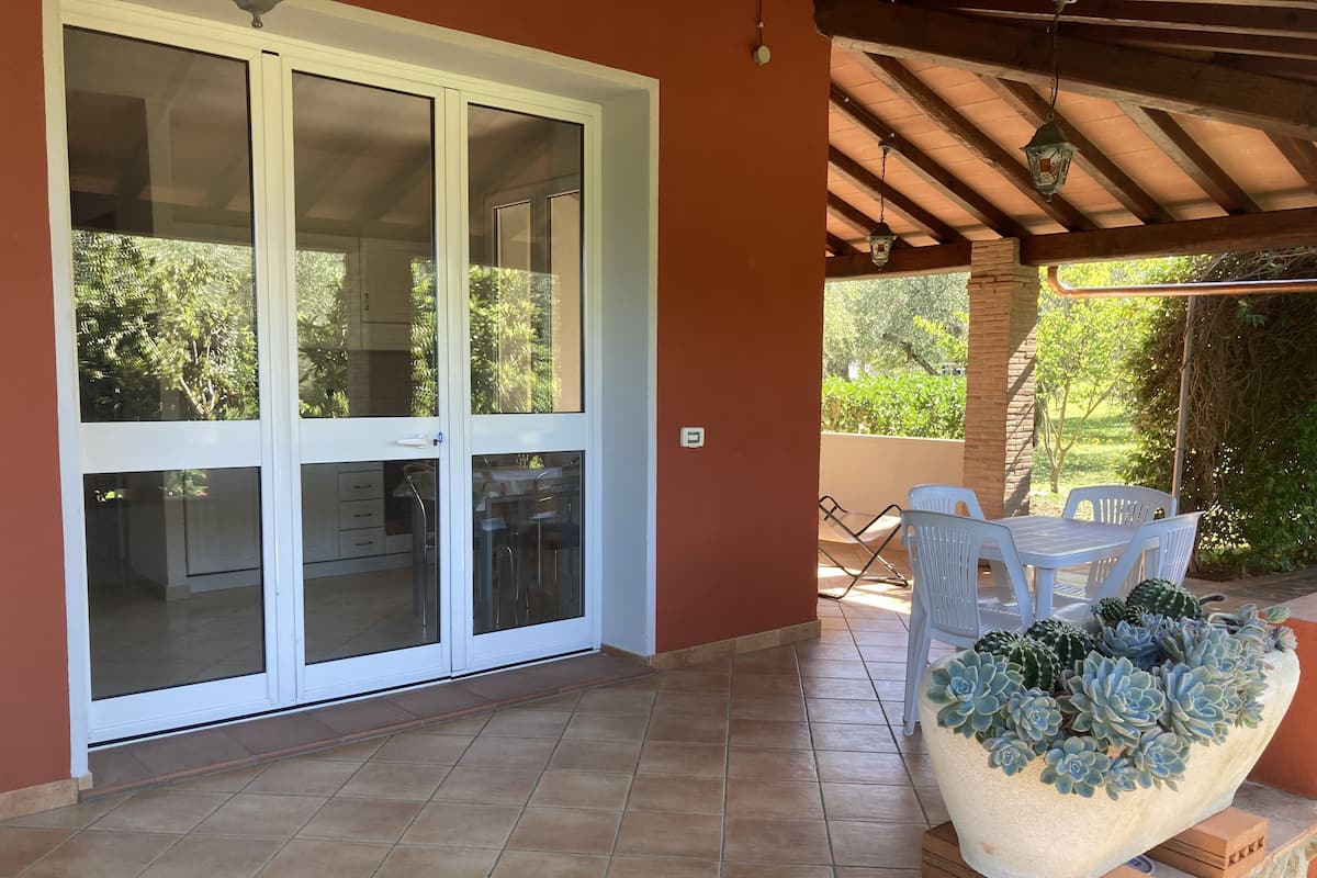 Un patio techado con puerta corrediza de vidrio que da a una cocina, una mesa con sillas y una gran planta suculenta en maceta.