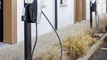 A parking area with electric vehicle charging stations, a building with a white facade, and a small garden bed with dry grass.