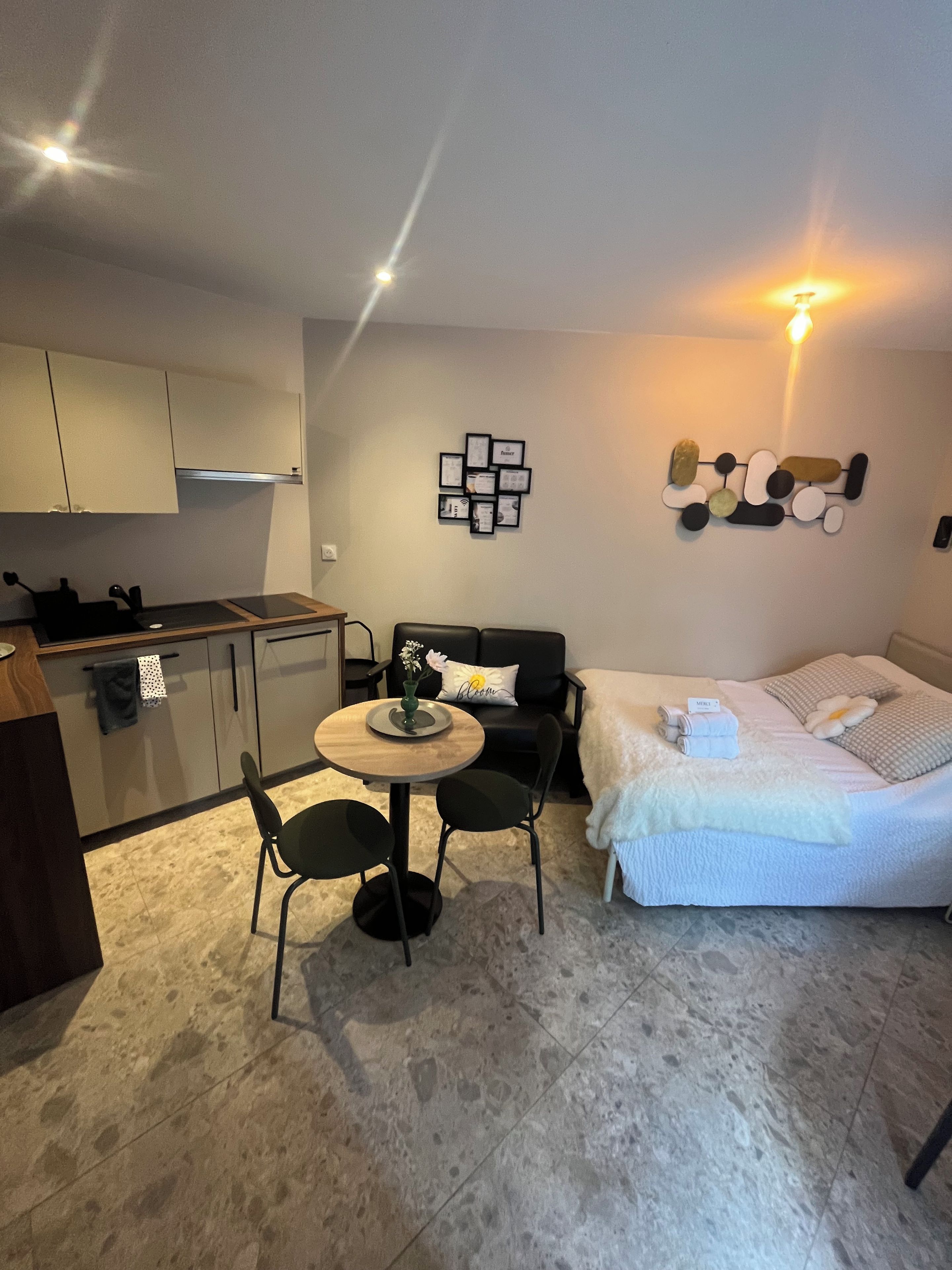 Ein kompakter Wohnbereich mit Küchenzeile, Essplatz, Sofa und Bett.