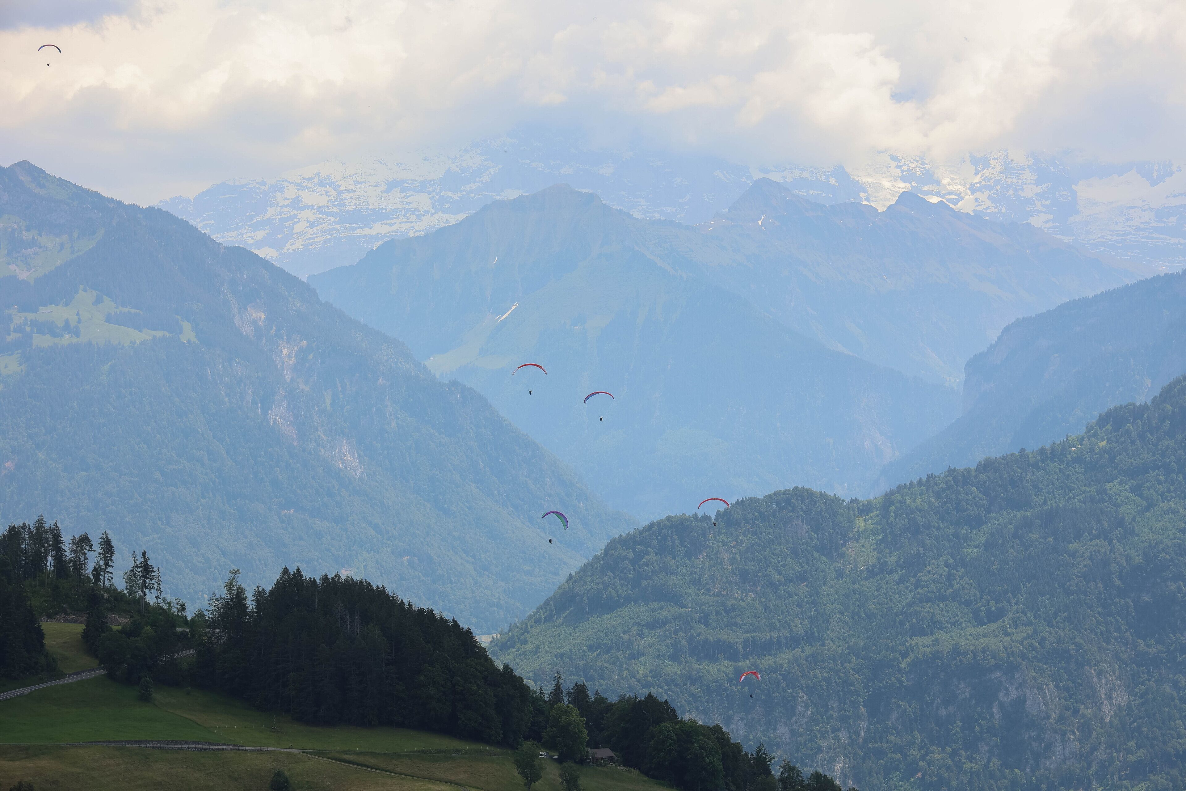 Eine Berglandschaft mit mehreren Gleitschirmfliegern am Himmel.