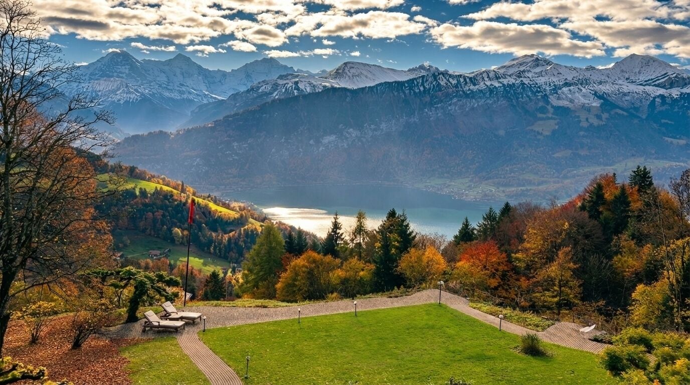 Paesaggio montuoso con un lago, autunno dai colori vivaci e una zona erbosa con panchine.