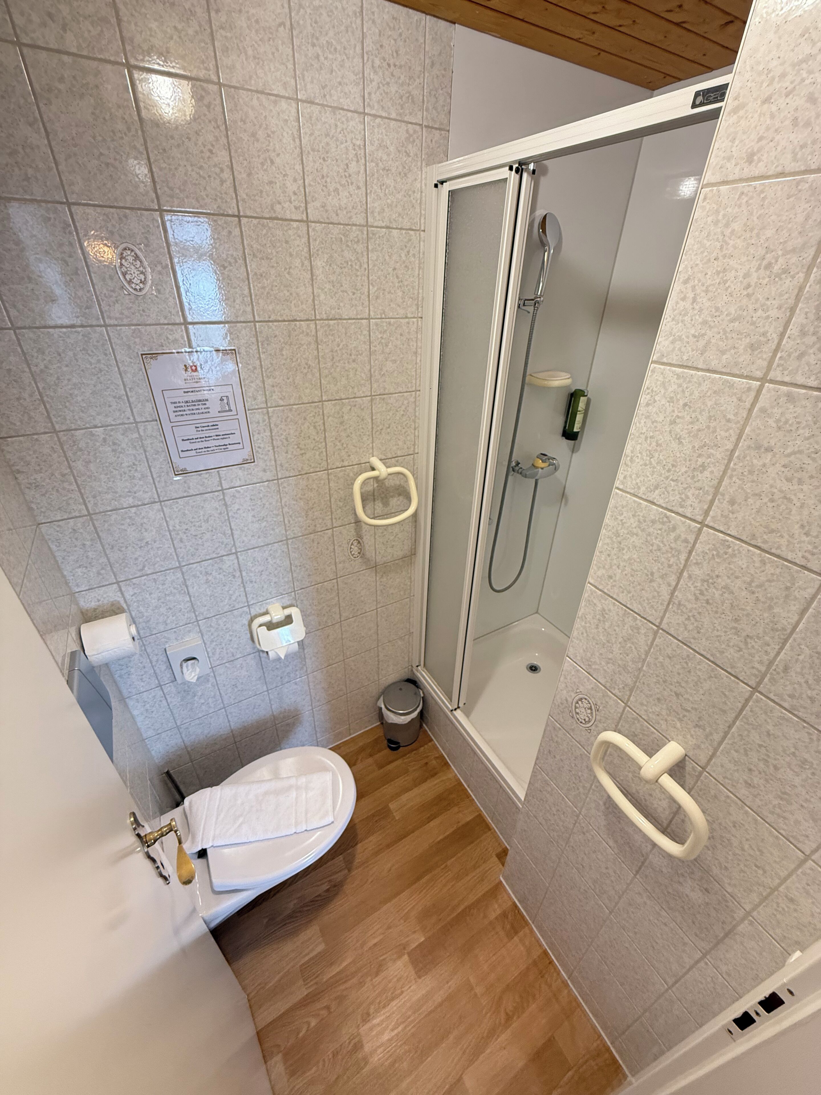 A bathroom with a toilet, a shower, and a small trash bin.