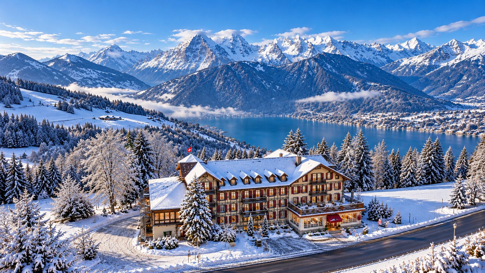 A large, multi-story hotel with a prominent entrance, surrounded by snow-covered trees and mountains in the background.