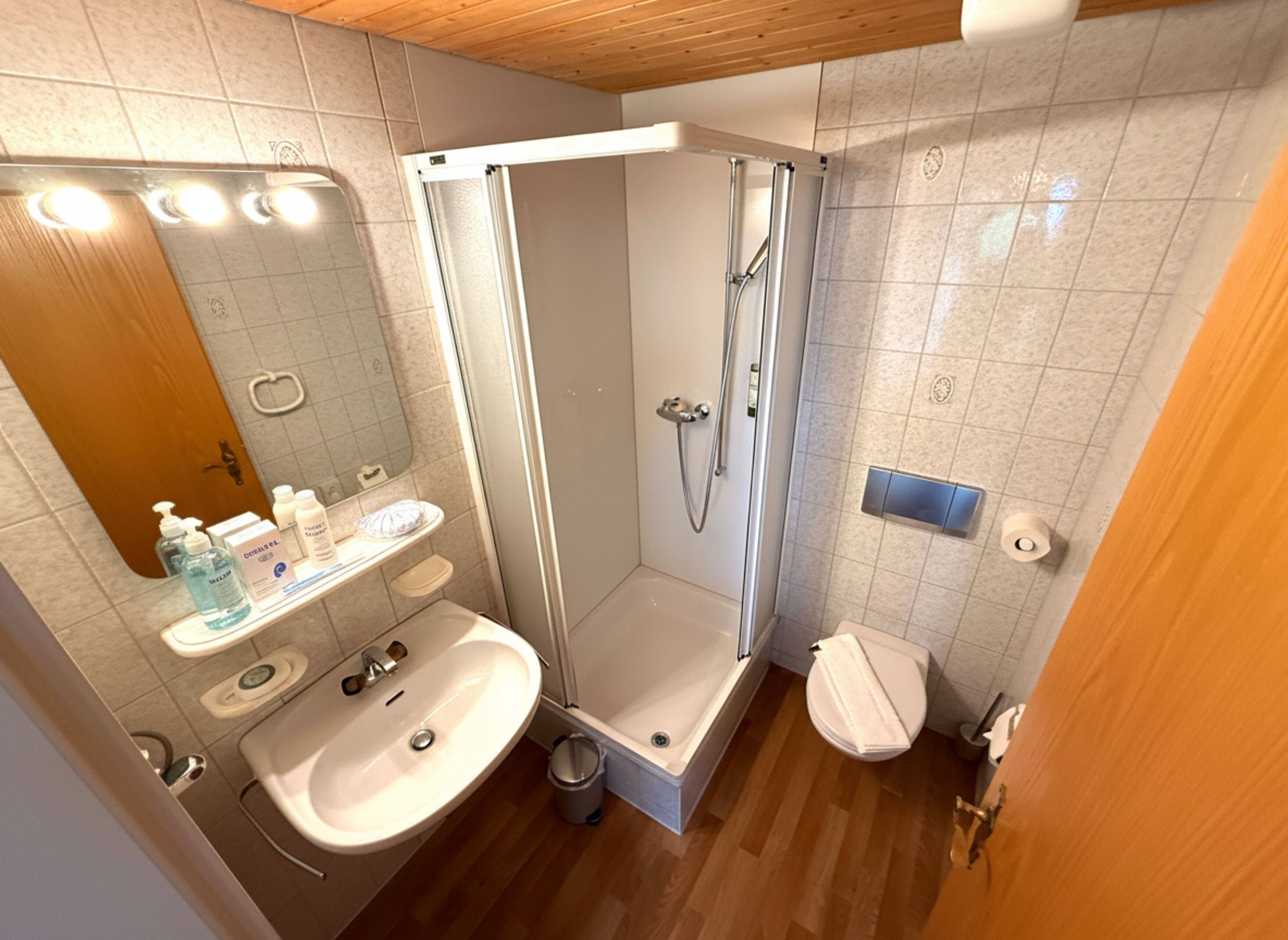 Une salle de bain moderne équipée d’une douche, d’un lavabo et de toilettes.