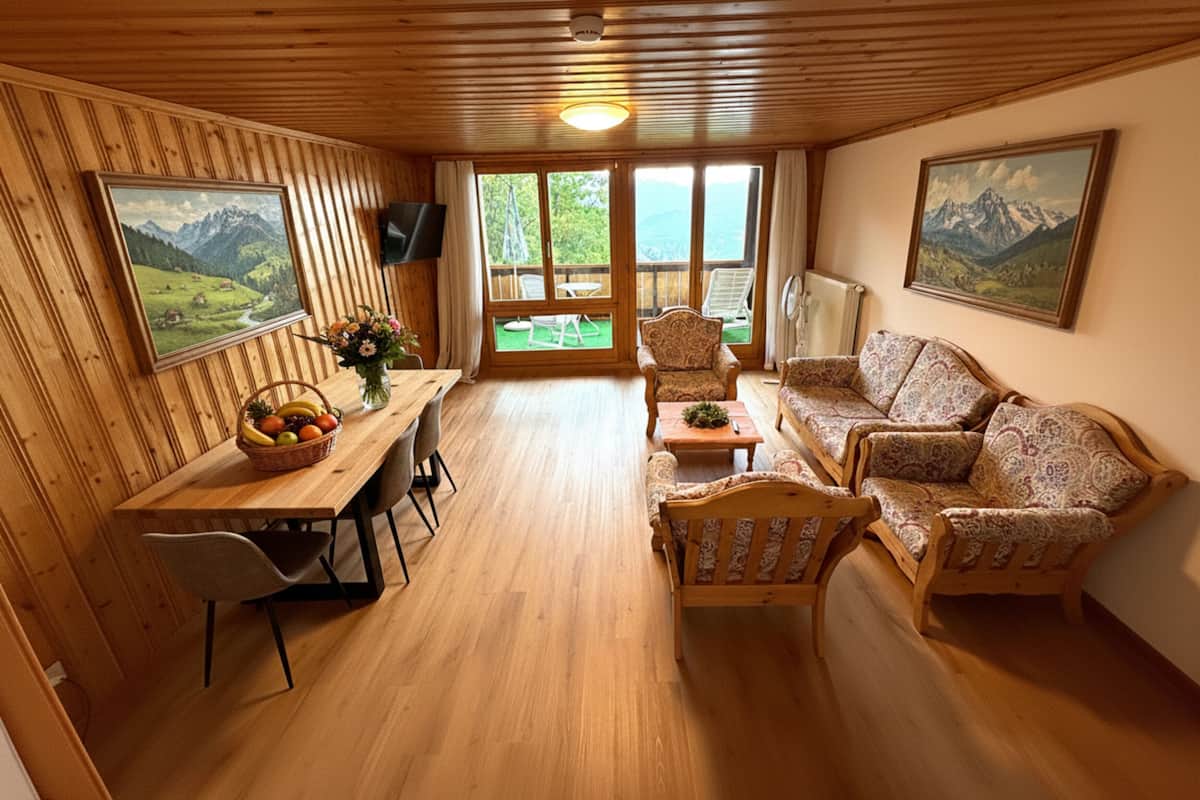 Un interior de madera con una mesa de comedor, sillas, un sofá y dos cuadros.