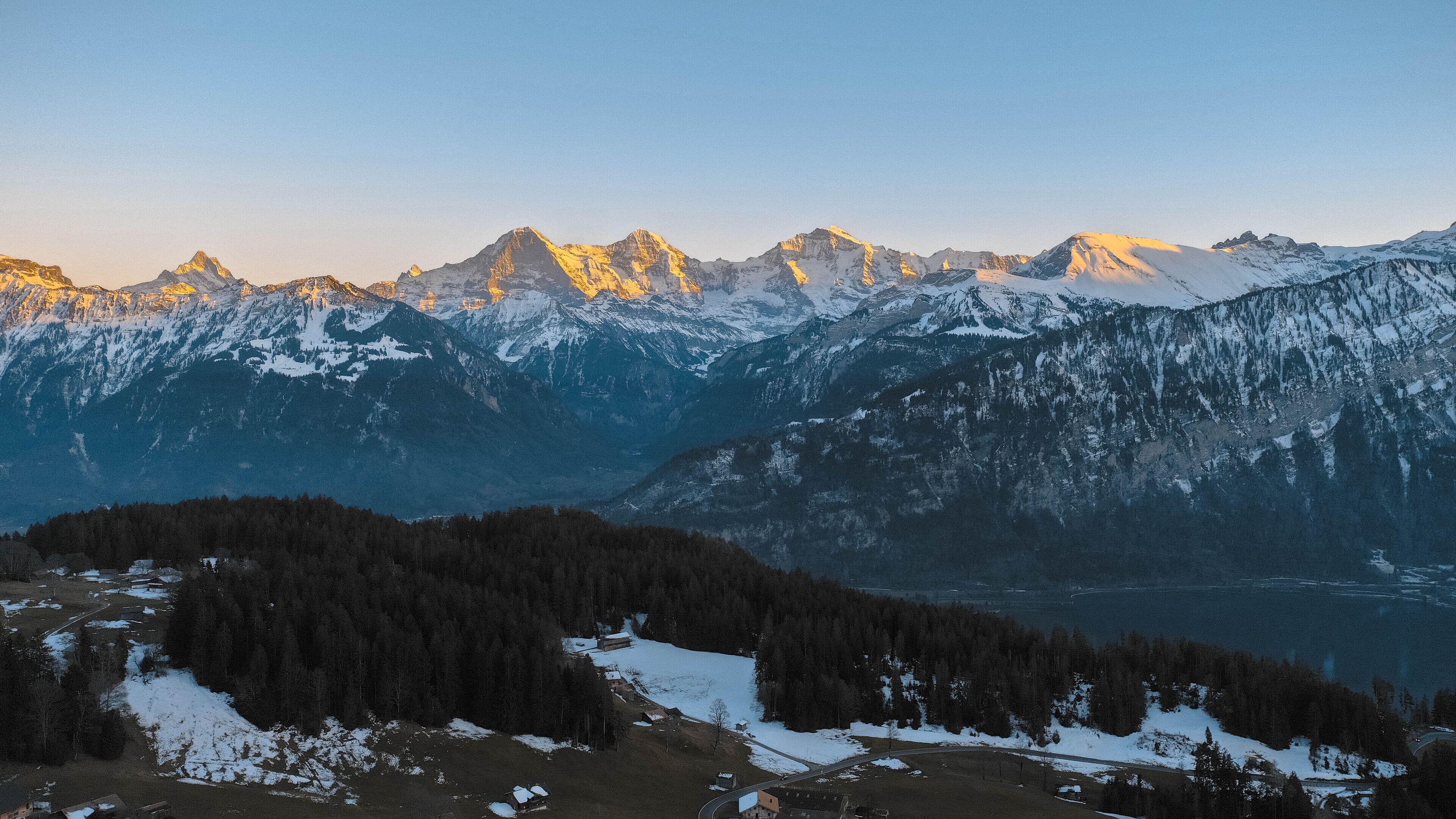 Paisaje montañoso con picos nevados y un valle cubierto de bosque.