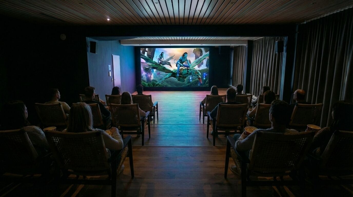 Ein Kino mit Reihen von Korbsesseln, die auf eine große Leinwand ausgerichtet sind.