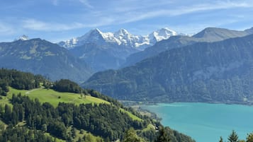 Un paysage montagneux avec un lac, des zones boisées et des sommets enneigés.