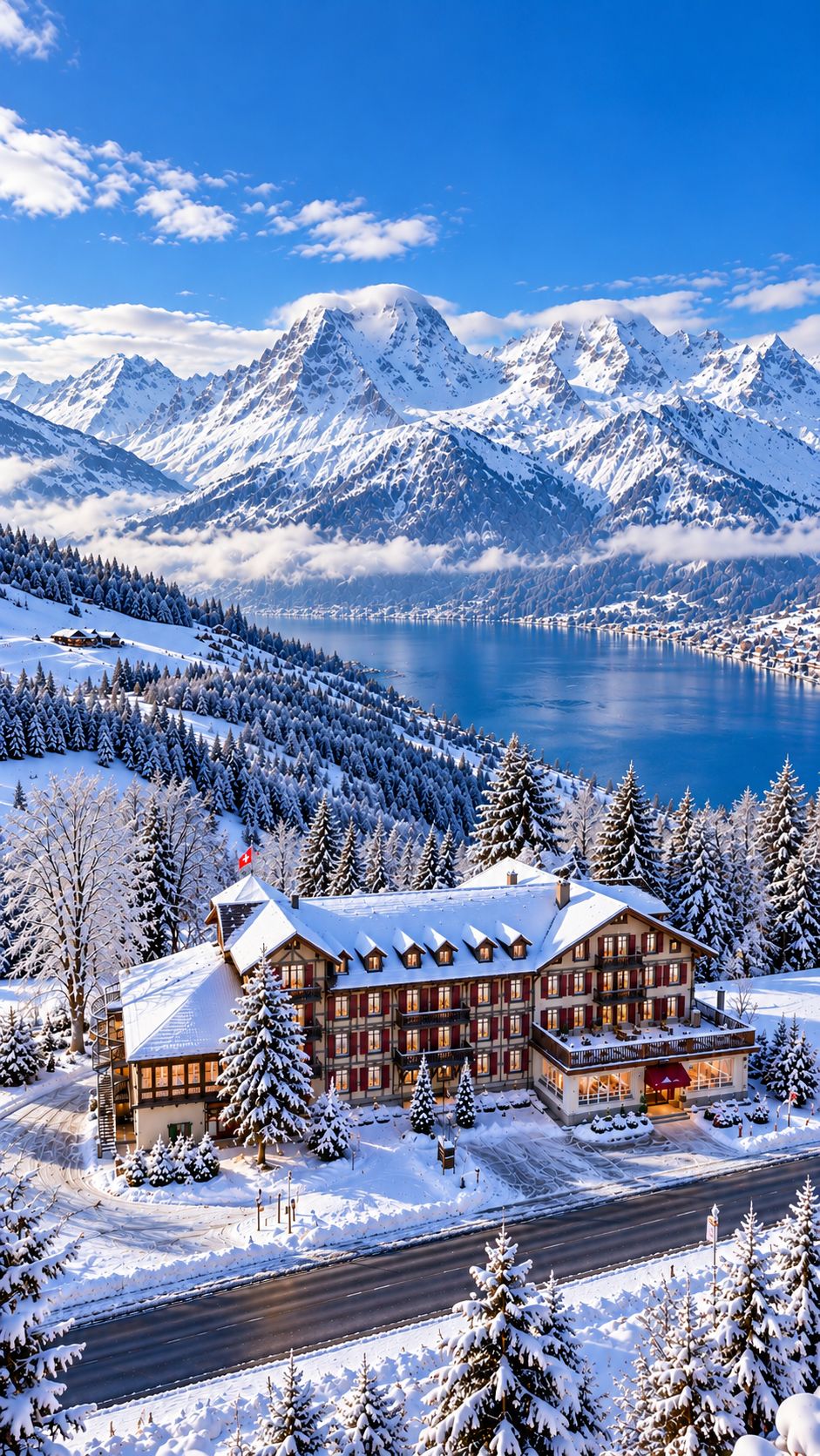 Una cabaña cubierta de nieve con vistas a un lago y montañas.