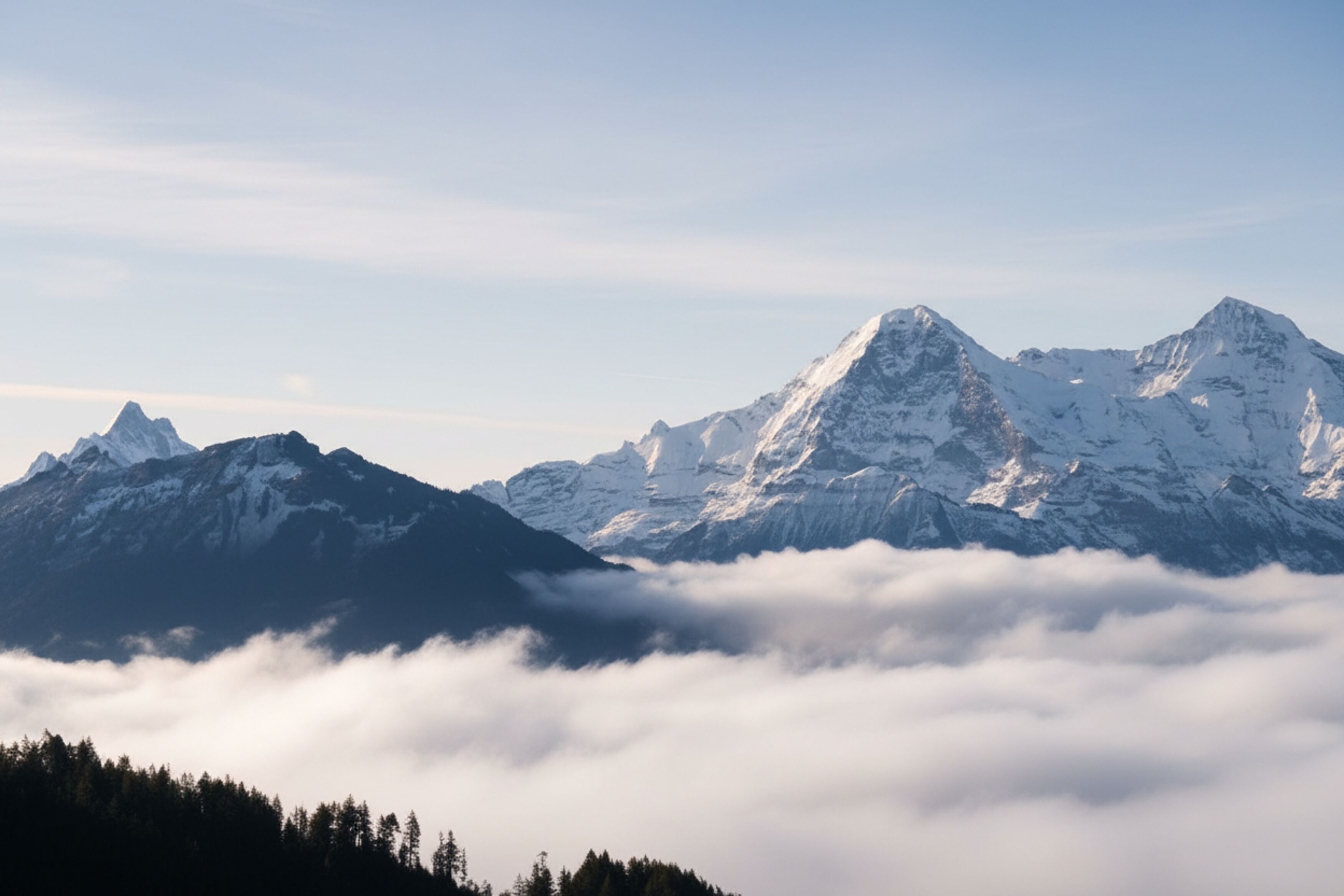 A mountain landscape with snow-covered peaks and a forested valley below.