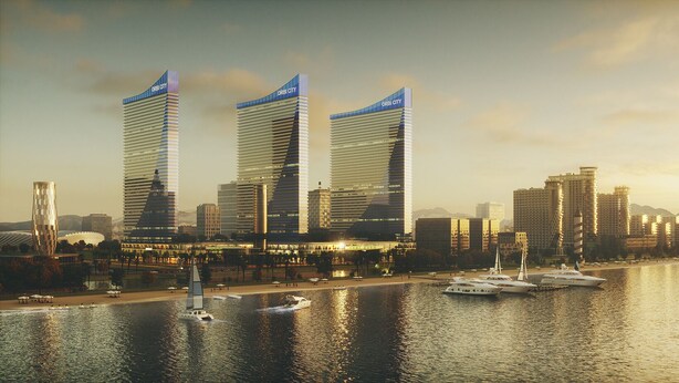 A cityscape with modern high-rise buildings, a waterfront promenade, and boats on the water. - Beautiful Studio Apartment in Batumi (Batumi)