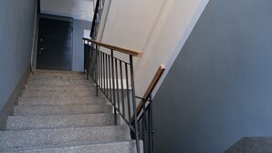 Un escalier avec une main courante en bois et des balustres en métal noir, menant à une porte située en haut.