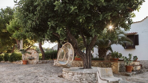 A stone courtyard with a swing chair, a bench, and potted plants. - Monte Simeone B&B (Polignano a Mare)