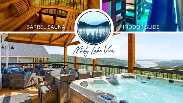 A barrel sauna, indoor slide, and a misty lake view. - Lake Views Hot Tub Sauna Arcade Decks Family Stay (Branson)