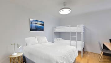 2 habitaciones, tabla de planchar con plancha y ropa de cama