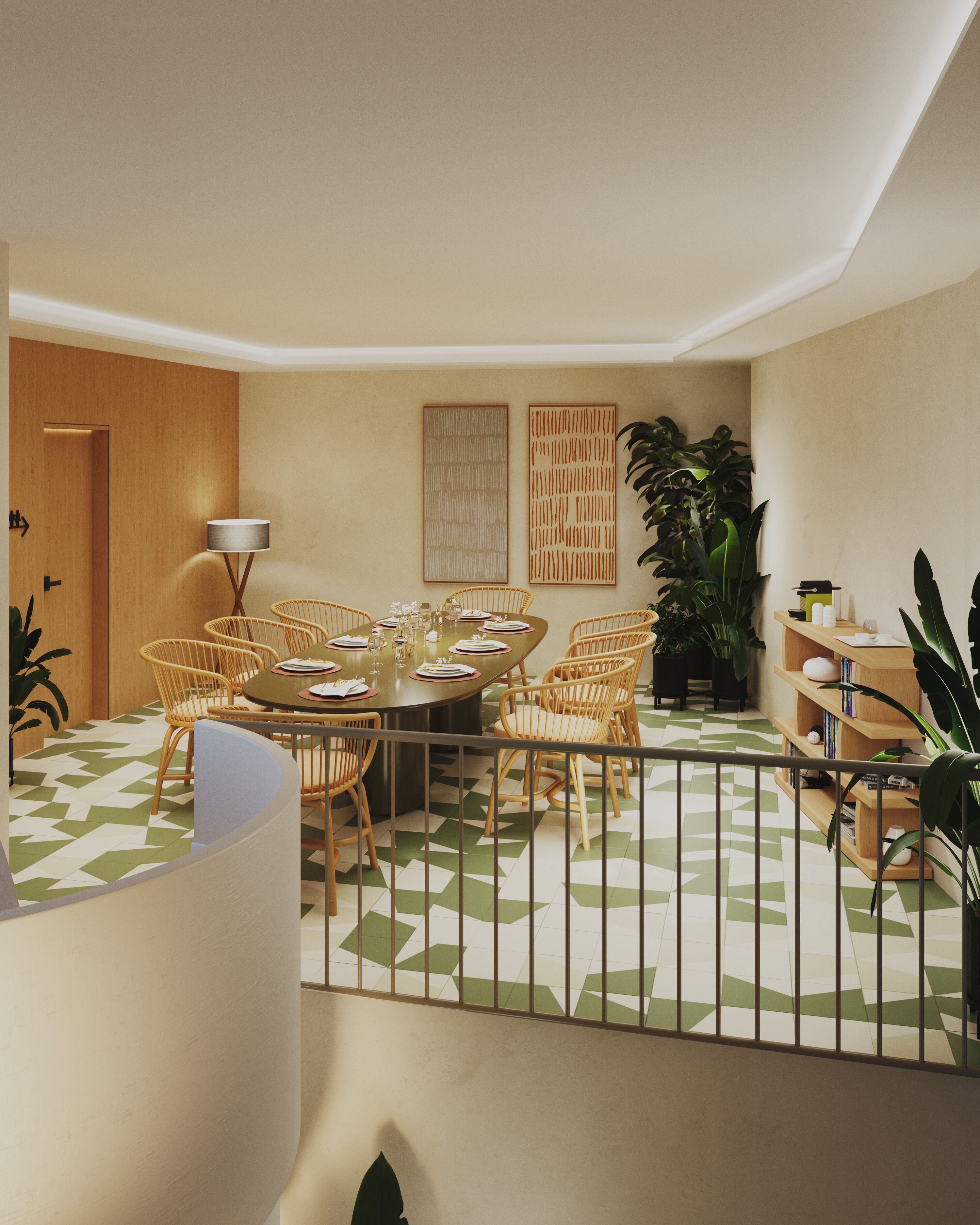 A dining area with a round table, wicker chairs, and a patterned floor.