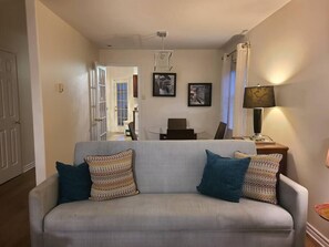 TV, fireplace, books