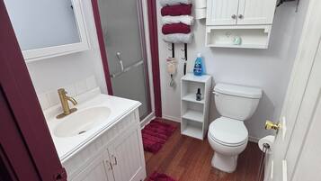 Hair dryer, towels, soap, shampoo