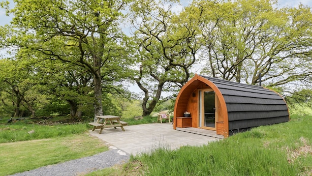 A small, wooden, semi-circular cabin with a picnic table nearby. - Conwy Pod (Llanrwst)