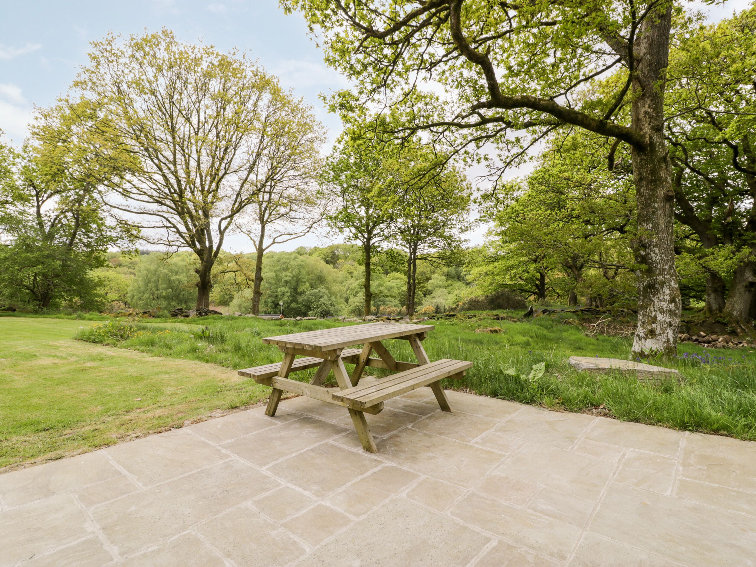 Een picknicktafel in een park met een terras.