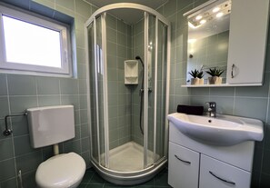 Shower, hair dryer, towels, soap