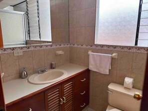 Chuveiro, secador de cabelo, toalhas de banho, sabonete