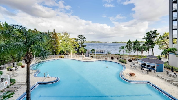 Uma piscina com borda curva, rodeada por espreguiçadeiras e um pequeno bar, com vista para a água e árvores ao fundo.