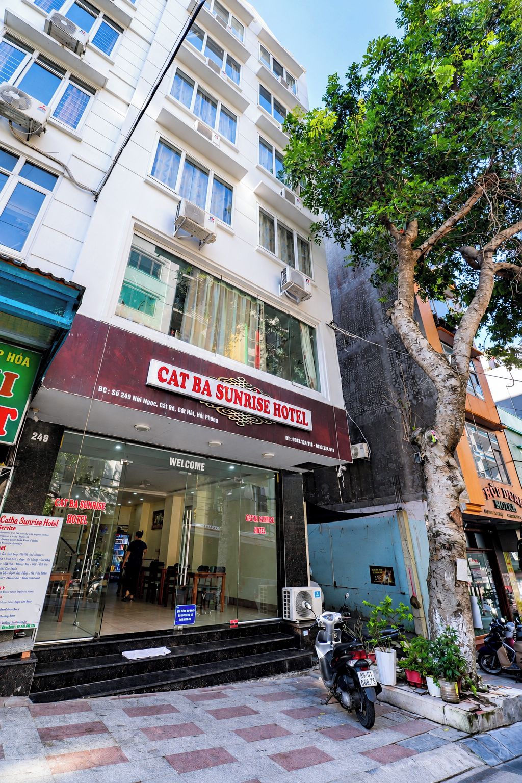 A hotel entrance with a sign for Cat Ba Sunrise Hotel, a staircase leading to the entrance, and a tree in front.