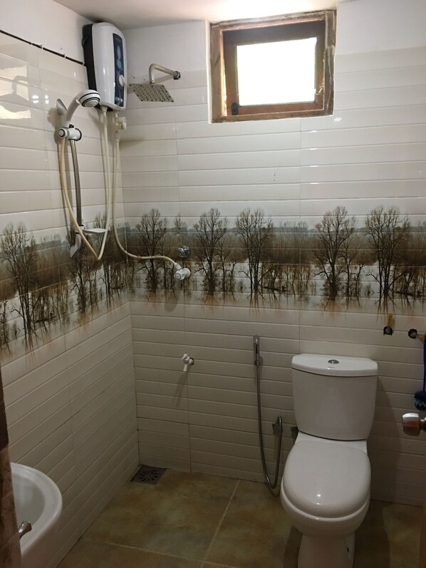 Bidet, toallas, jabón, papel de baño 