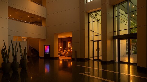 A spacious lobby with a modern design, featuring a reception desk, seating area, and large windows.