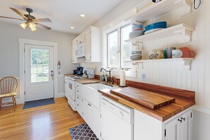 Fridge, microwave, oven, stovetop - Dog-friendly 2-story home near the ocean with firepit, washer/dryer, deck, & AC (Mount Desert)