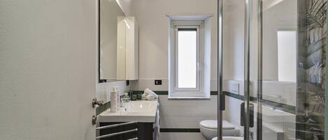 A compact bathroom with a glass shower enclosure, a white sink, and a toilet.