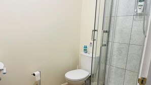 Casa de banho com sanita, cabine de duche em vidro, toalha e suporte para papel higiénico.
