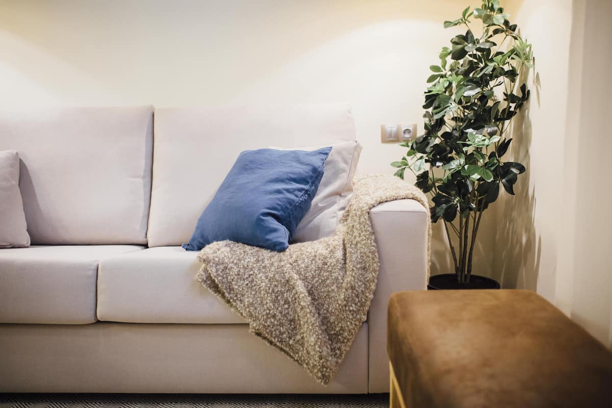 A living room with a sofa, a blue pillow, a beige blanket, a brown ottoman, and a potted plant.