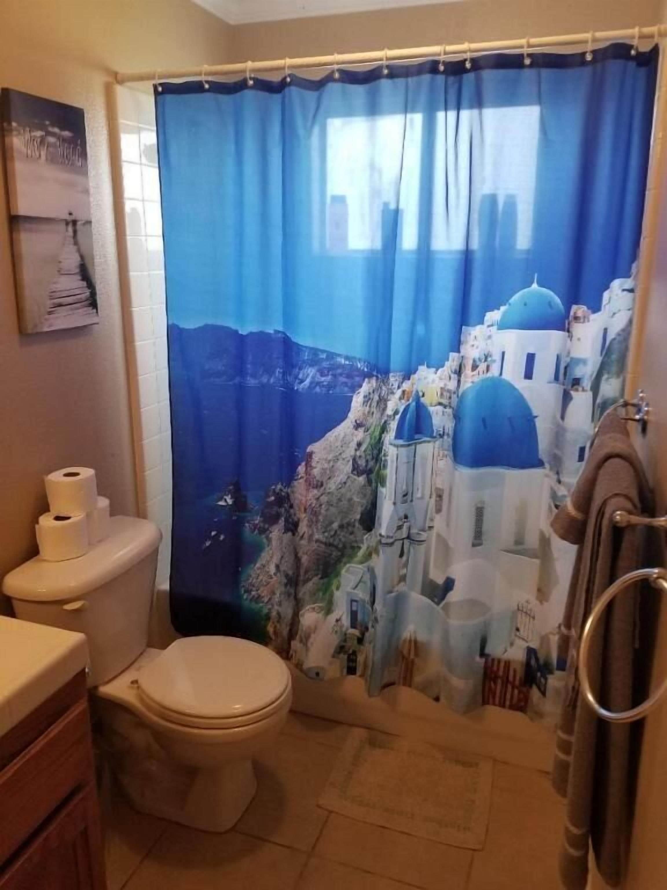 A bathroom with a toilet, sink, and shower curtain depicting a coastal scene.