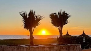 Vista al atardecer con palmeras y una piscina tranquila que refleja el sol.