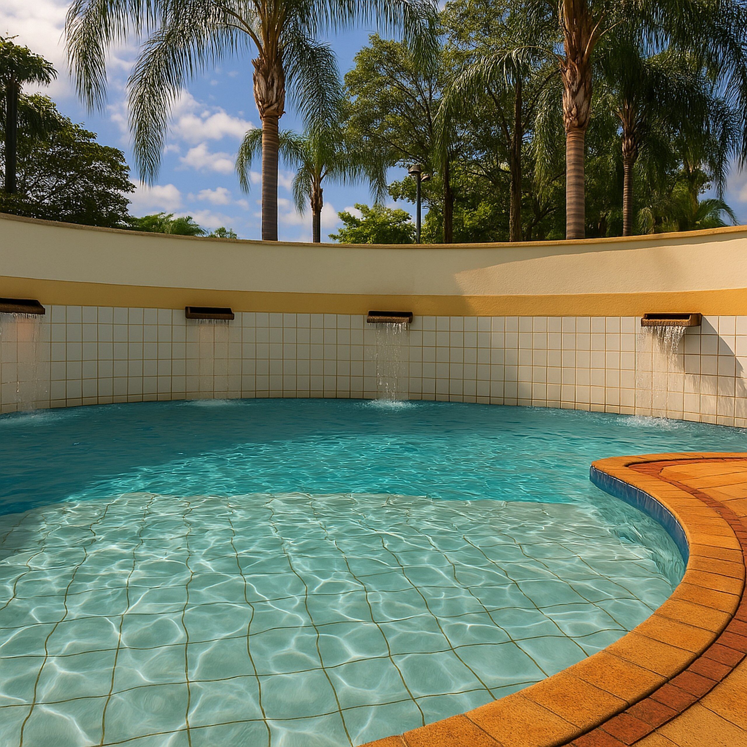 A clear blue pool with a tiled edge and a curved wooden deck.