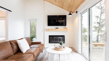 Smart TV, chimenea y libros