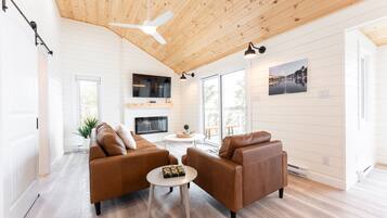 Smart TV, fireplace, books