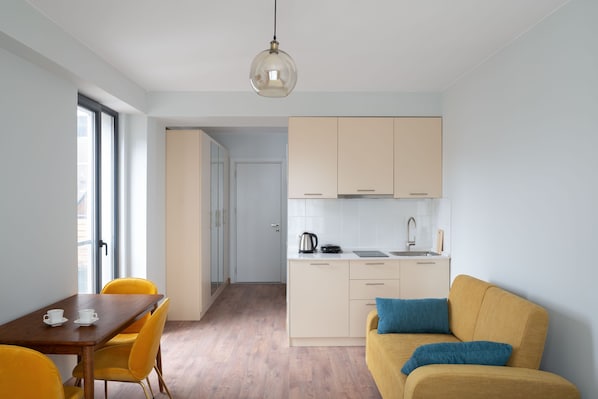 Mini-fridge, stovetop, electric kettle, toaster