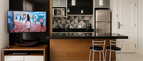 Apartment | Private kitchen | Fridge, microwave, cookware/dishes/utensils